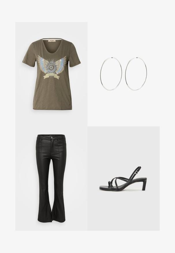 Oliwkowa koszulka T-shirt z dekoltem w serek, z centralnym zdobionym wzorem w postaci srebrnych i niebieskich skrzydeł wokół okrągłego motywu.; Czarne spódnie o szerokim kroju, z błyszczącą, skórzopodobną teksturą, z przednimi kieszeniami, zapięciem na guzik oraz bocznymi rozcięciami u dołu.; Czarne sandały na obcasie z prostokątnym noskiem i niskim słupkowym obcasem. Posiadają wiele cienkich pasków i regulowany pasek na kostkę. Wykonane z gładkiej skóry.; Srebrne kolczyki na kółku o gładkim, okrągłym kształcie i wypolerowanym wykończeniu. Są cienkie i lekkie, z prostym zapięciem.