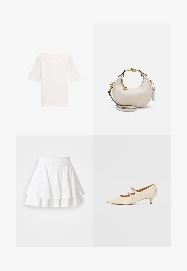 Korte mouwen witte katoenen shirt met een wijde halslijn en een relaxte fit. Soepele textuur, eenvoudig ontwerp en geen zichtbare patronen of accenten.; Witte laagjesrok gemaakt van lichtgewicht stof met een oogjespatroon en een gerimpelde zoom. Voorzien van een elastische tailleband voor comfort.; Beige gepatineerde leren Mary Jane-schoenen met twee verstelbare gespen, spitse neus en een lage hak. Gladde textuur met een glanzende afwerking.; Crème leren handtas met een halve maan vorm, gouden hardware, zwarte accenten en een afneembare schouderband. Heeft een kettingdetail en label.; Goudkleurige oorbellen set met drie paar: textuur ovalen studs, golvende ontwerp studs en grote ring oorbellen met gelaagde ribbels.