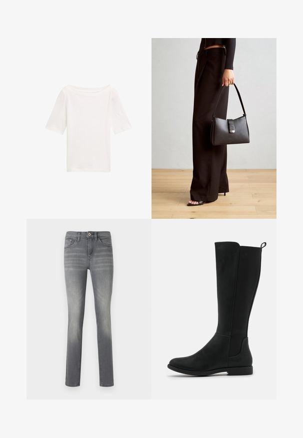 Weißes Kurzarmhemd aus Baumwolle mit weitem Ausschnitt und lockerer Passform. Glatte Textur, einfaches Design und keine sichtbaren Muster oder Akzente.; Graue Denim-Jeans im Slim-Fit, mit einem ausgewaschenen Look, fünf Taschen, einem Knopfverschluss und dezenten Nähdetails.; Knielange schwarze Stiefel aus Kunstleder mit glatter Oberfläche, elastischen seitlichen Einsätzen und einer niedrigen, flachen Sohle für Komfort.; Schwarze Handtasche mit strukturierter Form, glatter Textur und einem metallischen Verschluss. Kombiniert mit weiten schwarzen Hosen und offenen Sandalen auf einem Holzboden.
