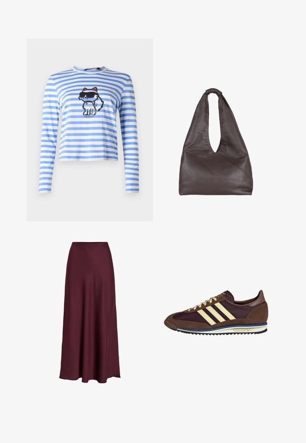 Kék és fehér csíkos, hosszú ujjú ing, napernyőben ücsörgő macska grafikával, napszemüvegben. Puha pamutból készült, laza fazonú.; Bordó selyem maxi szoknya sima textúrával, magas derékkal és egy lágyan elágazó siluettel, amely finoman bővül az alsó szegélynél.; Barna és bordó sneaker velúr és hálós anyagból, három krémcsíkkal, texturált anyaggal a nyelvén és gumitalppal.; Barna bőrtáska laza, túlnyúló dizájnnal. Hurok fogantyúval és mély V-alakú nyílással rendelkezik a könnyű hozzáférés érdekében. Puha textúra, minimalista stílus.