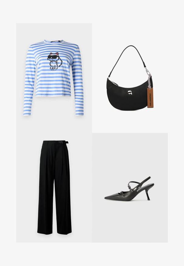 Blå-og-hvite striper langermet skjorte med grafikk av en katt i solbriller. Laget av myk bomull med en avslappet passform.; Svarte vide bukser med høy livlinje, folder foran og belte med spenne. Laget av glatt, lett materiale.; Sorte skinn slingback-hæler med spiss tå, slank hæl og dekorativ spenne detalj på vampsiden. Glatt tekstur og stilrent design.; Svart skinnveske med pebble-tekstur, buet form, glidelås på toppen, sølvfarget hardware og en brun etikett. Inkluderer logo-akkenter.