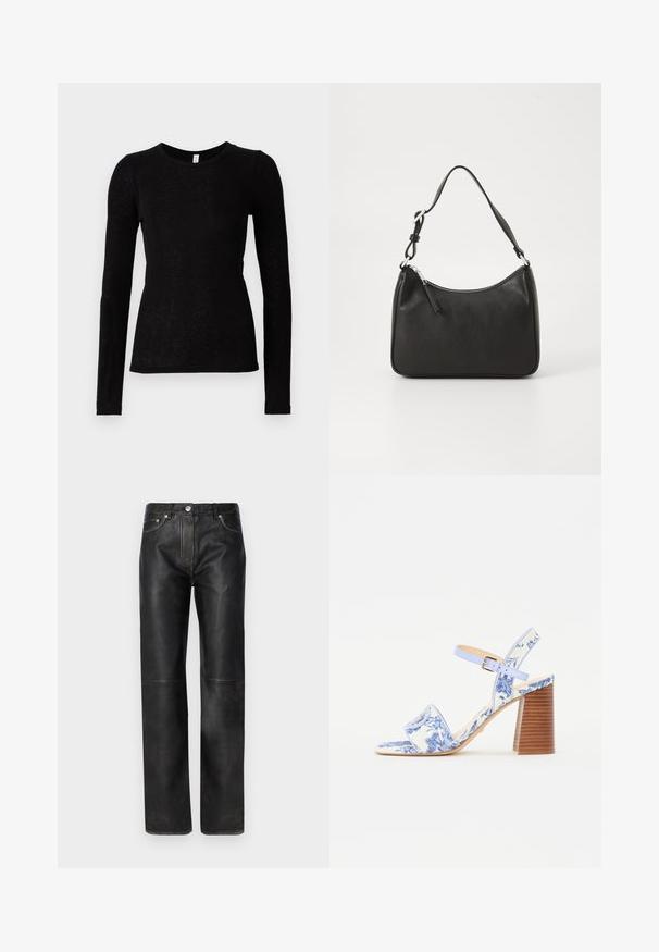 Samsøe Samsøe DOU - Langarmshirt - black; Schwarze Lederhosen mit geradem Bein-Design, die subtile Nähte, einen Metallknopfverschluss und klassische Taschenplatzierungen aufweisen.; Blaue sandaletten mit Blumenmuster, quadratischer Zehenpartie, breitem Riemen und verstellbarem Knöchelriemen, ausgestattet mit einem strukturierten Holzblockabsatz.; Schwarze Lederhandtasche mit geschwungener Form, einem einzigen Tragegurt, Reißverschlussverschluss und dezentem Branding auf der Vorderseite. Glatte Textur, minimalistisches Design.