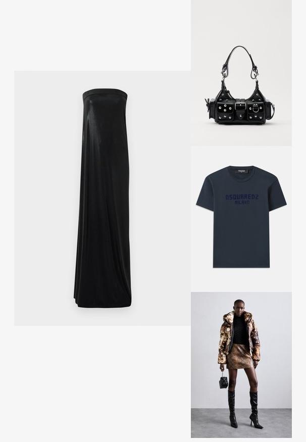 Navy blue cotton T-shirt with short sleeves, round neckline, and "DSQUARED2 MILANO" logo printed in dark blue across the chest.; Black strapless maxi dress made of smooth, shiny fabric. Features a fitted bodice and flowing silhouette, reaching the floor without embellishments.; Puffer jacket with a brown and black pattern, paired with a brown snake print mini skirt, black knee-high boots, and a small black bag.; Black leather handbag with a curved design, featuring silver studs, a buckle, and two side pockets. Adjustable strap for carrying options.