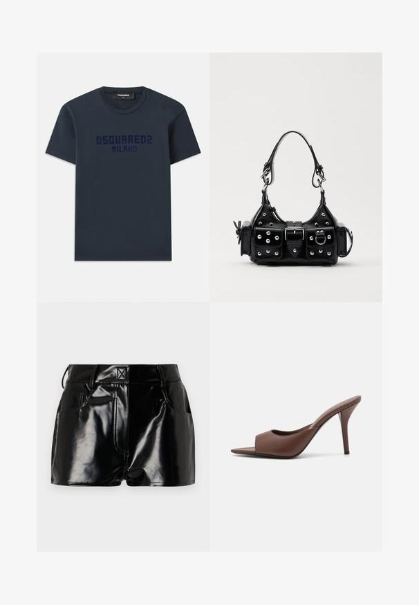 Temno modra bombažna majica s kratkimi rokavi, okroglo ovratnikom in natisnjenim logotipom "DSQUARED2 MILANO" v temno modri barvi čez prsa.; Črne, sijoče kratke hlače iz sintetičnega materiala. Imajo prilegajoč pas, zanke za pas in sprednje žepe z izrazitimi šivi.; Rjave usnjene mule z odprtim prstom in visokim peto, s športnim dizajnom, ki vključuje širok sprednji trak in tanek stiletto peto.; Črna usnjena torbica s ukrivljenim dizajnom, ki vsebuje srebrne žebljičke, zaponko in dve stranski žepki. Nastavljiv trak za različne možnosti nošenja.