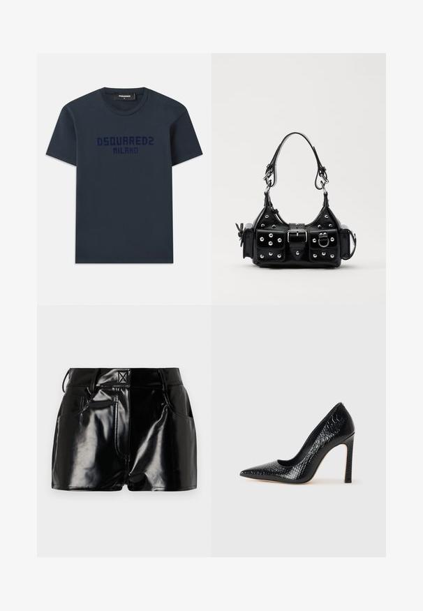Zilā kokvilnas T-kreklus ar īsām piedurknēm, apaļo kakla izgriezumu un "DSQUARED2 MILANO" logo izdrukātu tumši zilā krāsā krūšu rajonā.; Melnas, spīdīgas šorti, izgatavoti no sintētiskā materiāla. Iezīmētais viduklis, jostas cilpas un priekšējās kabatas ar izteiktām šuvju detaļām.; Melni augstpapēžu apavi ar norādītu purngalu, ar krokodila ādas tekstūru, izceļoties ar elegantu dizainu, augstu stiletto papēdi un gludu melnu interjeru.; Melnas ādas rokturmais ar izliekumu, ar sudraba iedurtiem, sprādzi un divām sānu kabatām. Regulējams siksniņas garums dažādām nēsāšanas iespējām.