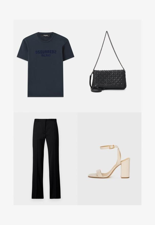 T-shirt en coton bleu marine à manches courtes, col rond, avec le logo "DSQUARED2 MILANO" imprimé en bleu foncé sur la poitrine.; Pantalons noirs à jambe droite en tissu lisse, avec un devant plat, des passants de ceinture et sans poches visibles ni embellissements.; Sandale à talon haut beige avec un bout carré, une fine bride de cheville et un talon carré. Texture en cuir lisse avec un détail de boucle dorée.; Sac en cuir matelassé noir avec une bandoulière en chaîne, comportant des accents de crâne et une fermeture éclair. Surface texturée avec une finition brillante.