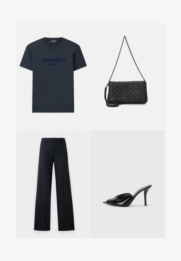 Sötétkék pamut póló rövid ujjakkal, kerek nyakkivágással, és a "DSQUARED2 MILANO" felirattal nyomtatva sötétkék színben a mellkason.; Fekete, széles lábú nadrág. Kicsit karcsúsított szabás sima textúrával. Az oldalsó varrásnál fémgombok sorával díszítve.; Fekete bőr, nyitott orrú, hegyes kialakítású, sima textúrájú, és karcsú tűsarokkal rendelkező magassarkú mules.; Fekete steppelt bőrtáska lánc pánttal, koponya díszítéssel és cipzáros záródással. Texturált felület, fényes befejezéssel.