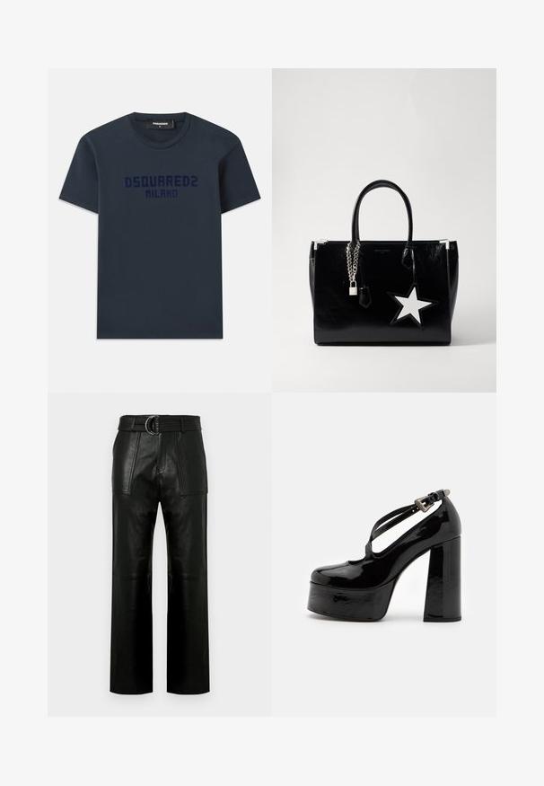 Dunkelblaue Baumwoll-T-Shirt mit kurzen Ärmeln, runder Ausschnitt und dem Aufdruck "DSQUARED2 MILANO" in Dunkelblau über der Brust.; Hochtaillierte schwarze Lederhose mit weitem Bein, großen aufgesetzten Taschen vorne und einem passenden Gürtel mit Doppelringverschluss.; The Kooples CHAUSSURES - High Heel Pumps - black; Schwarze Handtasche aus lackiertem Leder mit eleganter Form. Mit silberner Kettenhardware, einem Schloss und einem weißen Sternelement an der Seite.