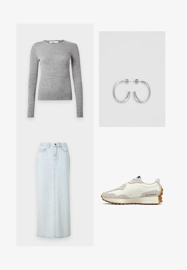 Gray long-sleeve ribbed sweater with a round neckline and fitted design. Made from a soft, textured material with a slim silhouette.; Light blue denim maxi skirt with a straight design, front button fastening, and visible stitching. Features two front pockets.; White and beige sneaker with a smooth leather upper, suede accents, rounded toe, and a textured rubber outsole. Brand name printed on the side.; Silver hoop earrings with a smooth, shiny finish. Rounded shape, lightweight design, featuring a post-back closure.