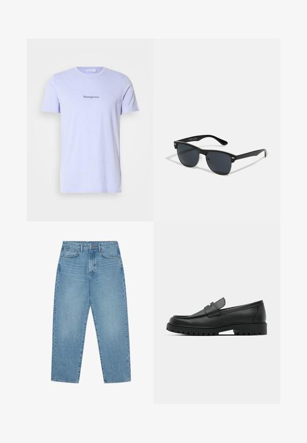 Šviesiai violetinė medvilninė marškinėliai su apvali kaklo iškirpte ir trumpomis rankovėmis, priekyje tamsesniu atspalviu užrašas "Buongiorno".; Šviesiai mėlyni džinsai su plačiomis kojomis ir aukštu liemeniu, turintys penkias kišenes, diržo kilpas ir švelnų, šiek tiek išblukusį tekstūrą.; Juodi odiniai loaferiai su apvalia nosimi, su siuvinėtu dizainu, žemu platformos padu ir tekstūruotu, sukibimo raštu padu.; Juodos saulės akinių su stačiakampiu rėmeliu, tamsiais lęšiais, sidabrinėmis detalėmis šventrajose ir matinio paviršiaus rėmeliu.