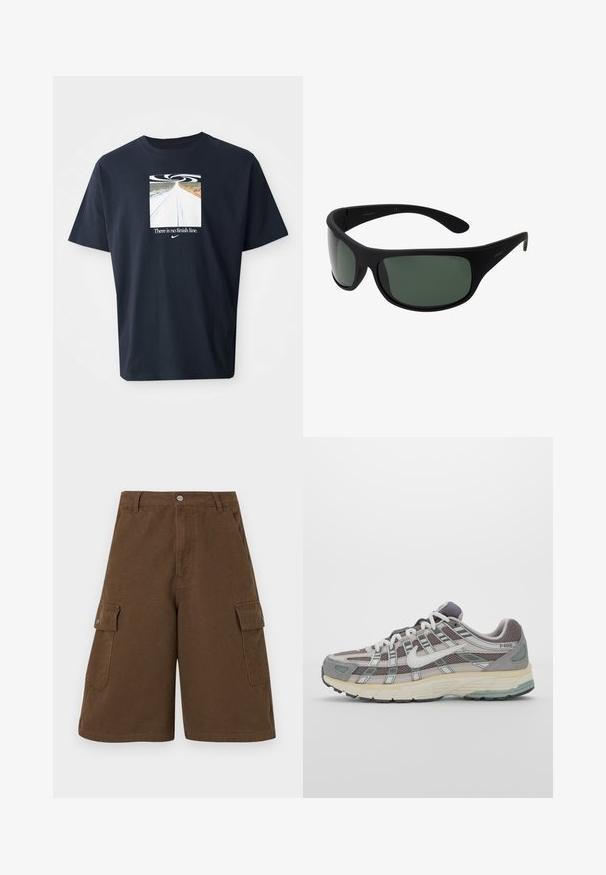 Tumši zila kokvilnas T-kreklas ar īsām piedurknēm, kuram ir kvadrātveida grafika ar ceļu un vijīgu dizainu, un uzraksts "Nav finiša līnijas" baltā krāsā.; Brūni kravas šorti ar taisnu piegriezumu, divām sānu kabatām un priekšējo pogu aizdari. Izgatavoti no izturīga kokvilnas auduma ar matētu apdari.; Pelēkie sporta apavi ar tīkla un zamša augšdaļu, baltiem akcentiem, mīkstinātu zoli un izcilu dizainu ar atstarotājiem.; Melnas saulesbrilles ar tumši zaļām lēcām. Matēta apdare, izliekta forma, ar taisnām kājiņām un smalku zīmola logo sānos.