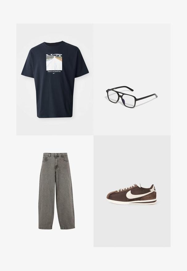 Camiseta de algodón azul marino de manga corta, con un gráfico cuadrado de una carretera y un diseño en espiral, y el texto "No hay línea de meta" en blanco.; Pantalones de mezclilla gris de cintura alta, con piernas anchas, diseño clásico de cinco bolsillos y cierre de botón en la parte delantera. Acabado ligeramente texturizado.; Zapatilla marrón que combina materiales de ante y lona, con un logo de swoosh blanco de Nike y una suela de goma texturizada.; Gafas rectangulares negras con lentes transparentes y un sutil tono púrpura, con brazos elegantes y un diseño minimalista.; Collar de perlas blancas con forma redonda uniforme, superficie suave y cierre de metal con cadena de extensión para longitud ajustable.