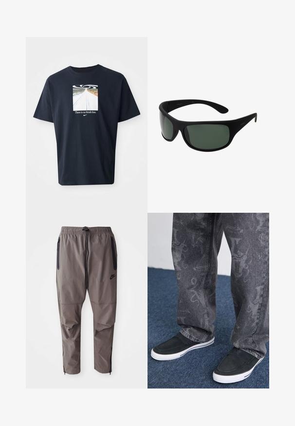 T-shirt de algodão azul-marinho com mangas curtas, apresentando um gráfico quadrado de uma estrada e um design em espiral, com o texto "Não há linha de chegada" em branco.; Calças Nike cinzas com cintura elástica, cordão, bolsos laterais com zíper e zíperes nos tornozelos para ajuste ajustável.; Sapatos pretos de slip-on com sola branca, texturizados, combinados com calças de ganga cinzas com um padrão subtil, num fundo de carpete azul.; Óculos de sol envolventes pretos com lentes verde-escuras. Acabamento matte, design curvo, com hastes retas e uma marcação sutil de lado.