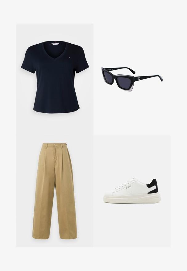 Tommy Hilfiger Curve CODY granatowy; Khaki szerokie spodnie wykonane z mieszanki bawełny, z płaskim przodem i plisami, z zapięciem na guzik oraz gładkim wykończeniem.; Białe skórzane sneakersy z grubą białą podeszwą, czarnym zamszowym akcentem na pięcie oraz wytłoczonym logotypem z boku. Projekt z sznurówkami i sześcioma dziurkami.; Czarne, oversize okulary przeciwsłoneczne o geometrycznym kształcie, z ciemnymi soczewkami i kontrastującym szarym detalem na oprawie. Logo na ramieniu.
