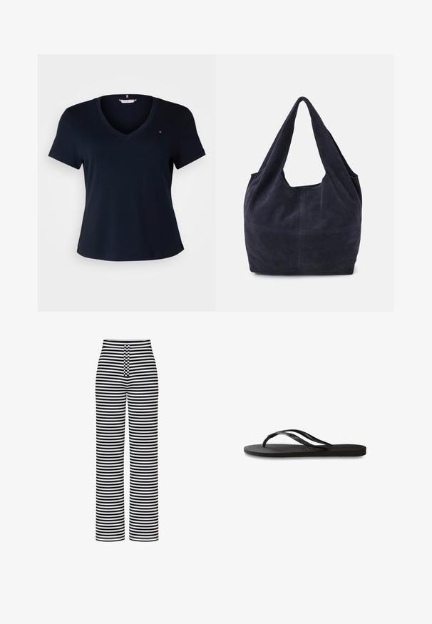 Tommy Hilfiger Curve SLIM CODY - Osnovna majica kratkih rukava - desert sky; Pieces PCLAYA MW WIDE - Hlače - bright white; Crne japanke s teksturiranom gumenenom potplatom, dva uska remena i suptilnim, urezanim logom na remenu.; Mornarsko plava suđena torba s opuštenim dizajnom, širokim naramenicama i vidljivim šavovima na tijelu.