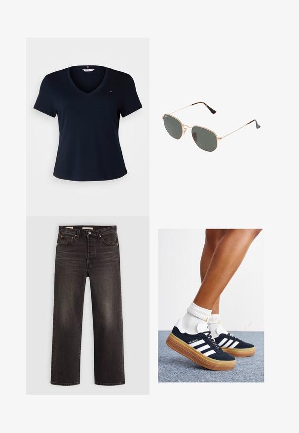 Tommy Hilfiger Curve SLIM CODY - T-shirt basic - desert sky; Zwarte denim jeans met een rechte pasvorm. Heeft koperen klinknagels en zakken. Gladde textuur en een licht vervaagd uiterlijk.; Zwarte suède sneakers met witte strepen en accenten, ronde neus, gum rubberen buitenzool, gecombineerd met witte geribbelde crewkousen.; Gouden metalen zonnebril met donkergroene lenzen, aviator-stijl, met slanke scharnieren en schildpad-accenten op de uiteinden.
