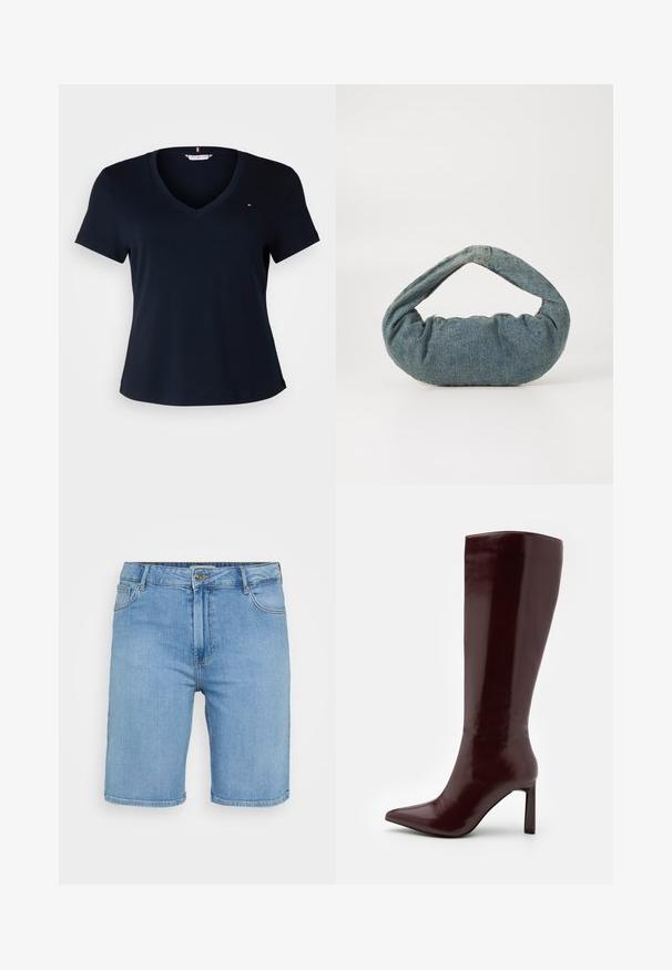 Tommy Hilfiger Curve SLIM CODY - T-shirts basic - desert sky; Lys blå denim shorts med klassisk pasform, der har en frontknaplukning, bæltestropper og to sidelommer. Glat tekstur og lige kant.; Even&Odd Høje støvler/ Støvler - dark red; Blå denimtaske med en polstret, rund form og et buet håndtag. Teksturen er blød med synlige syninger og en glat finish.; Sølv hoop øreringe med en glat, poleret overflade. Rund form og sikker klik-lukning. Letvægtsdesign, der er velegnet til hverdagsbrug.