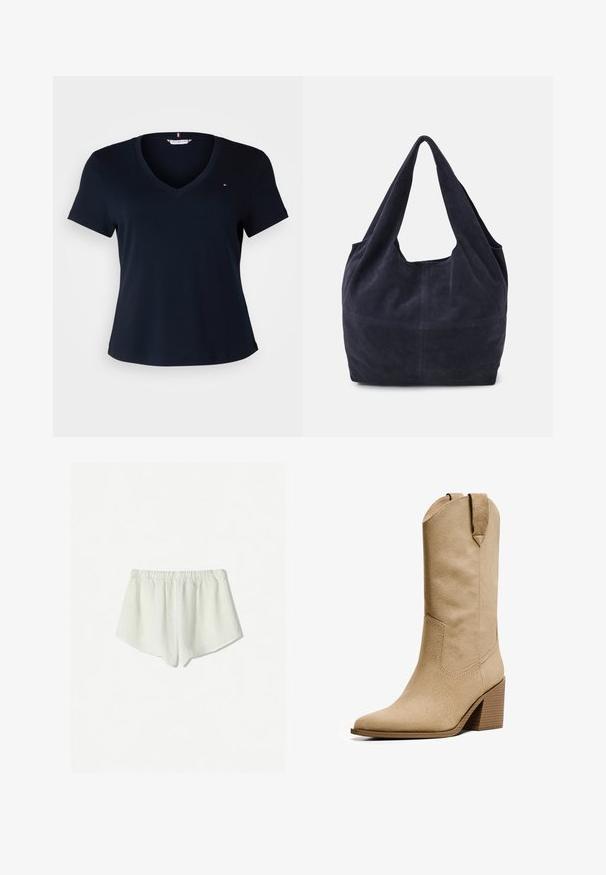 Tommy Hilfiger Curve SLIM CODY - Tricou basic - desert sky; Pantaloni scurți din in alb, cu o talie elastică, având o croială lejeră și un tiv ușor curbat la marginea de jos. Textură moale și respirabilă.; Bershka HIGH-HEEL - Cizme cowboy/biker - beige; Geantă din suede bleumarin cu un design lejer, bretele late pentru umăr și detalii vizibile de cusătură pe corp.