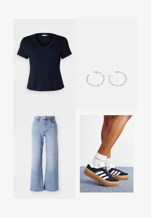 Tommy Hilfiger Curve SLIM CODY - Camiseta básica - desert sky; Jeans de tiro alto de pierna ancha en azul claro, con bolsillos delanteros y traseros, cierre de botón y un ligero desgastado en los muslos y los dobladillos.; Zapatillas deportivas de gamuza negra con rayas y detalles blancos, puntera redondeada, suela de goma color caramelo, combinadas con calcetines blancos acanalados a la altura del tobillo.; Pendientes de aro de plata con diseño retorcido, que presentan un acabado pulido y cierre de presión. Miden aproximadamente 3 cm de diámetro.