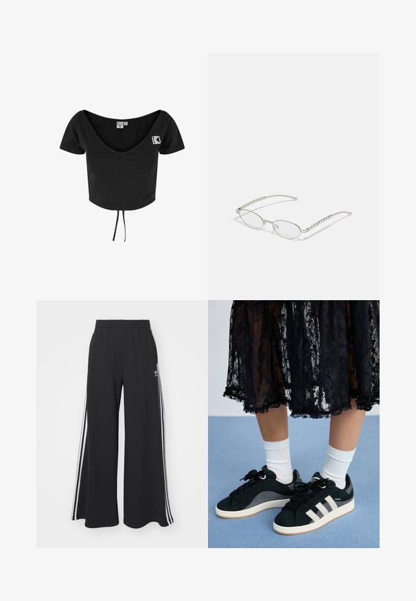 Black cropped t-shirt with short sleeves, deep V-neck, drawstring at the hem, and a white embroidered logo on the left side.; Black wide-leg sweatpants with an elastic waistband, featuring white side stripes and an embroidered logo on the left thigh.; Black lace skirt outlines white socks and black shoes with light gray stripes on a blue background, highlighting a stylish casual look.; Oval glasses with a metallic silver frame, clear lenses, and textured beaded temple accents. Lightweight design with curved arms.
