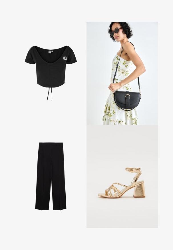 Črna skrajšana majica s kratkimi rokavi, globokim V-izrezom, vrvico pri robu in belim izvezenim logotipom na levi strani.; Črne široke hlače iz gladkega materiala, z gubami spredaj in stranskimi žepi, zasnovane v ravnem, sproščenem kroju.; Zlate kovinske sandale s peto, ki imajo zapleteno zasnovo, kvadratno blok peto in nastavljiv gležnjski trak z zaponko. Gladka tekstura.; Črna usnjena torbica s ukrivljeno obliko, z odstranljivo naramnico in zlatimi dodatki. Torbica ima pokrov s podrobnostmi v obliki zaponke.