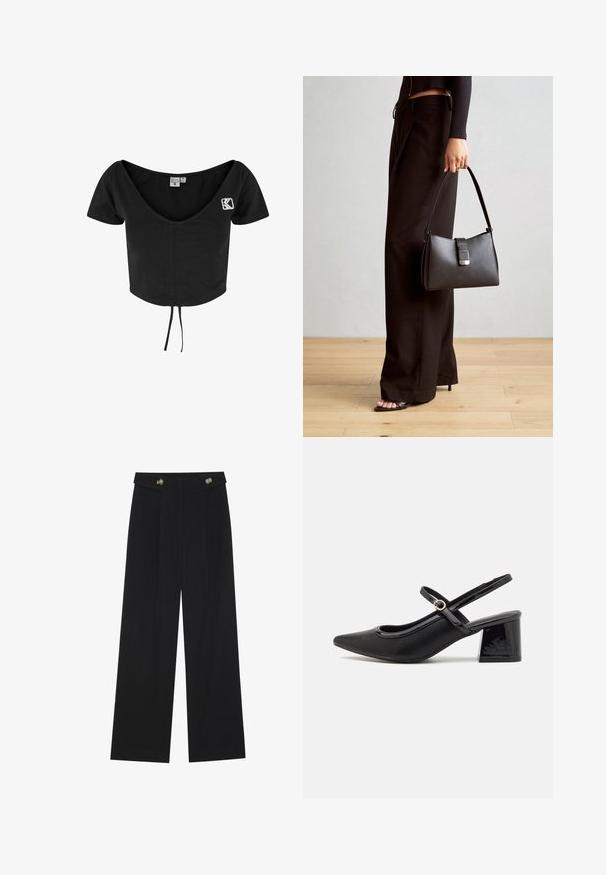 Melns īss T-krekls ar īsām piedurknēm, dziļu V veida kakla izgriezumu, ar auklu apakšmalā un baltu izšūtu logotipu kreisajā pusē.; Melnas platās bikses ar augstu jostasvietu, pogu detaļām uz jostas un priekšējām krokām.; Melns patentēts ādas sandales ar norādīta pirksta formu, noapaļotu izgriezuma dizainu un bloķētu papēdi. Iezīmēta ar zelta toņa sprādzi.; Melnā somiņa ar strukturētu formu, gludu tekstūru un metālu sprādzi. Saskaņota ar platām melnām biksēm un sandālēm ar atvērtu purngalu uz koka grīdas.