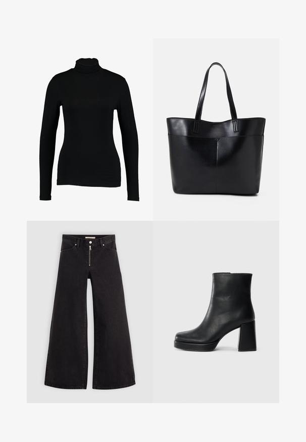Top negro de manga larga con cuello alto hecho de tela suave, con un diseño ajustado y un cuello alto, adecuado para usar en capas o como prenda independiente.; Jeans de pierna ancha en denim negro con cierre frontal, diseño de cinco bolsillos y detalles de costura sutiles. Textura suave y estilo casual.; Botín de cuero negro con tacón cuadrado y suela de plataforma, visto de lado sobre un fondo blanco liso.; Bolso tote de cuero negro con dos asas largas, textura suave y forma estructurada. Cuenta con un bolsillo frontal para almacenamiento adicional.