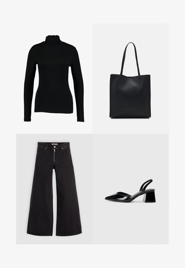 Črn dolgi rokavi turtleneck top iz gladkega materiala, s prilagojeno zasnovo in visokim ovratnikom, primeren za plastenje ali nošenje samostojno.; Široke traperice iz črnega denima z zadrgo spredaj, petimi žepi in diskretnimi šivi. Gladka tekstura in ležeren slog.; Črne lakirane slingback pete s koničastim nosom in geometrijsko blokasto peto. Imajo eleganten, minimalističen dizajn in gladko teksturo.; Črna usnjena torba s svilnato teksturo, pravokotne oblike in dvema dolgima ročajema. Brez vidnih metalnih delov ali okrasnih elementov.