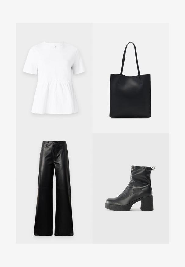 Valge lühikeste varrukatega t-särk, millel on kortsunud talje, omades vabalt langevat lõiget ja sileda puuvillase tekstuuri. Lihtne ümar kaelus.; Mustad talje laiad jalad kunstnahast püksid esipaneeli nööbi ja lukuga, vöödega ja küljetaskutega valge tausta peal.; Mustad mustad ansapüksid, mis on valmistatud siledast nahast, külje zipperiga, paksu tekstuuriga kontsaga ja ümmarguse nina disainiga.; Mustast nahast kott sujuva tekstuuriga, ristkülikukujuline ja kahe pika sangaga. Pole nähtavat riistvara ega kaunistusi.