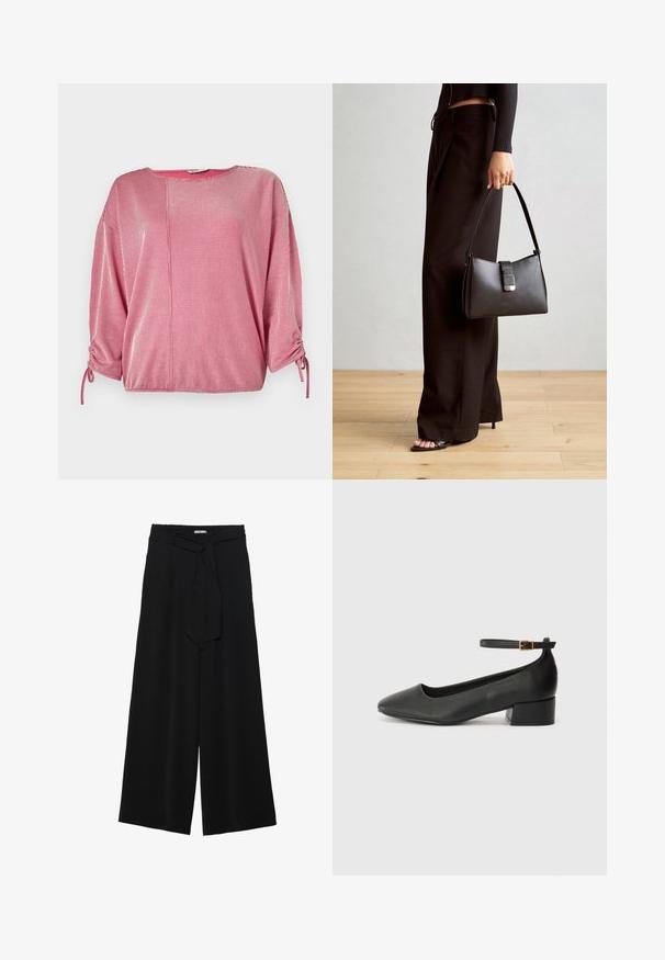 Red and white striped top with a round neckline, three-quarter sleeves, and elasticized gather details at the sleeves. Smooth fabric texture.; Black wide-leg pants featuring a textured fabric, an elastic waistband, and a detachable sash tie at the waist for adjustable fit.; Black leather pump with a pointed toe and a low block heel. Features an ankle strap with a gold-tone buckle. Smooth texture.; Black handbag with structured shape, smooth texture, and a metallic clasp. Paired with wide black pants and open-toe sandals on wooden floor.