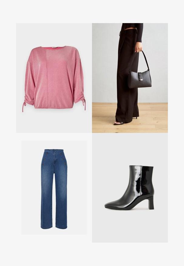 Punainen ja valkoinen raidallinen toppi, jossa on pyöreä kaulus, ¾-pituiset hihat ja elastiset gather-yksityiskohdat hihoissa. Sujuva kankaan pinta.; Korkeavyötäröiset farkut keskilevyisessä sinisessä sävyssä. Varustettu etusolmukkeilla ja leveälahkeisella muotoilulla. Kangas on sileä, ja siinä on hieno haalistuminen.; Musta patenttilakattu nilkkuri, jossa on terävä kärki ja keskipitkä lohkarekorko. Silkkinen pinta ja minimalistinen muotoilu.; Musta käsilaukku, jossa on rakenteellinen muoto, sileä pinta ja metallinen solki. Yhdistetty leveisiin mustiin housuihin ja avonaiheisiin sandaaleihin puulattialla.