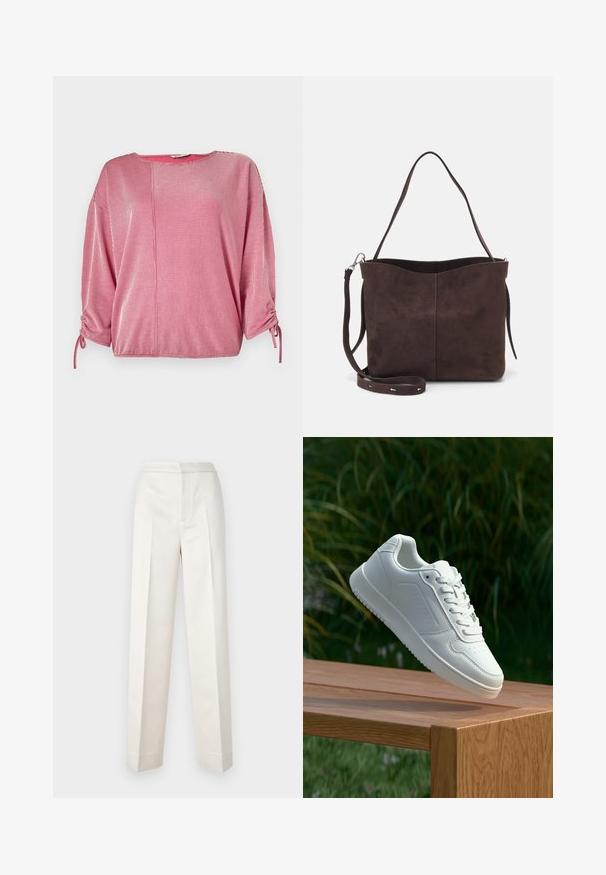 Maglietta a righe rosse e bianche con scollatura rotonda, maniche a tre quarti e dettagli arricciati elasticizzati sulle maniche. Tessuto dal tocco liscio.; Pantaloni color crema con vestibilità sartoriale, dotati di gamba dritta, tessuto liscio, pince frontali e orlo pulito. Design minimalista.; Sneaker bianco con tomaia in sintetico liscio, punta perforata, lacci piatti e suola testurizzata, esposto su una superficie di legno.; Borsa a spalla in suede marrone con una texture morbida, caratterizzata da una singola tracolla e un'apertura superiore leggermente curvata. Nessun dettaglio hardware visibile.