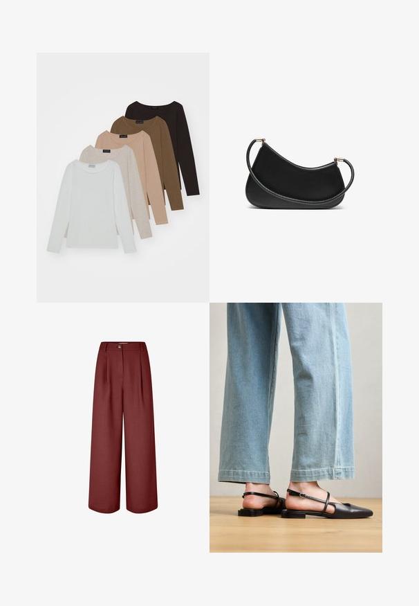 Penki ilgomis rankovėmis marškiniai skirtingų atspalvių: balta, smėlinė, šviesiai ruda, tamsiai ruda ir juoda. Kiekvienas marškinys turi apvalų iškirpimą ir minkštą tekstūrą.; Plati kojines kelnės turtingos burgundiškos spalvos, pagamintos iš lygios medžiagos. Yra juosmuo, priekiniai klostės ir vieno mygtuko užsegimas.; Juoda odinė basutė su smailiu nosiu, plokščiu Kulnu ir kulkšnies dirželiu; derinama su šviesiai mėlynomis plačiomis džinsinėmis kelnėmis.; Juodas odinis pečių krepšys su išlenktu dizainu, turintis tekstūruotą dirželį ir auksinės spalvos detalėmis viršutinėje užtrauktuko dalyje. Lygi apdaila.; Auksiniai auskarai su įvairiais dizainais, įskaitant studus, žiedus ir kabančius modelius su perlų ir kristalų akcentais.