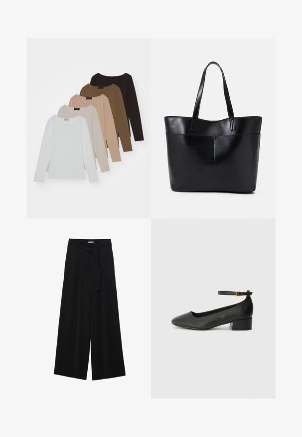 Cinco camisetas de manga longa em diferentes tonalidades: branco, bege, castanho claro, castanho escuro e preto. Cada uma tem um decote redondo e uma textura suave.; Calças largas pretas com um tecido texturizado, uma cintura elástica e um laço destacável na cintura para um ajuste ajustável.; Sandal de pele preta com bico pontiagudo e um salto bloco baixo. Apresenta uma tira no tornozelo com uma fivela em tom dourado. Textura suave.; Bolsa tote preta em couro com duas alças longas, textura suave e forma estruturada. Apresenta um bolso frontal para armazenamento adicional.