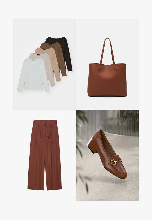 Pet srajc s dolgimi rokavi v različnih odtenkih: bela, bež, svetlo rjava, temno rjava in črna. Vsaka ima okroglo ovratnico in mehak usnjeni material.; Široke hlače iz rjavega blaga, ki vključujejo pas s kvadratno zaponko, nabran dizajn in gladko teksturo.; Rjavi lakirani loafer z kvadratnim nosom, kovinsko verigo kot okrasom in nizko blok podplatom; gladka tekstura, minimalističen dizajn.; Rjava usnjena torba z gladko teksturo, odprto zasnovo zgoraj in dvema naramnima trakovoma. Opremljena je z minimalnim šivanjem in brez vidnih kovinskih delov.