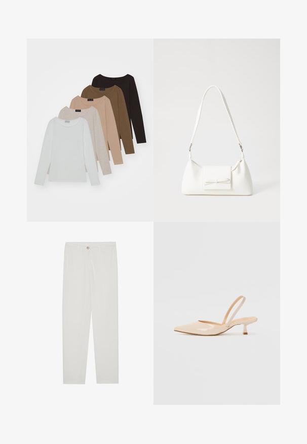 Fem lange ermer topper i forskjellige nyanser: hvit, beige, lys brun, mørk brun og svart. Hver har en rund halslinje og myk tekstur.; Hvite, skreddersydde bukser med rette ben, med knapplukking, beltehemper og sidelommer; glatt tekstur.; Beige patenterte lærremmer med spiss tå og slank, firkantet hæl. Glatt tekstur og minimalistisk design uten dekorasjoner.; Hvit syntetisk håndveske med trekantet form, flat klaff foran og sløyfe detaljer, justerbar stropp, glatt tekstur og minimalistisk design.