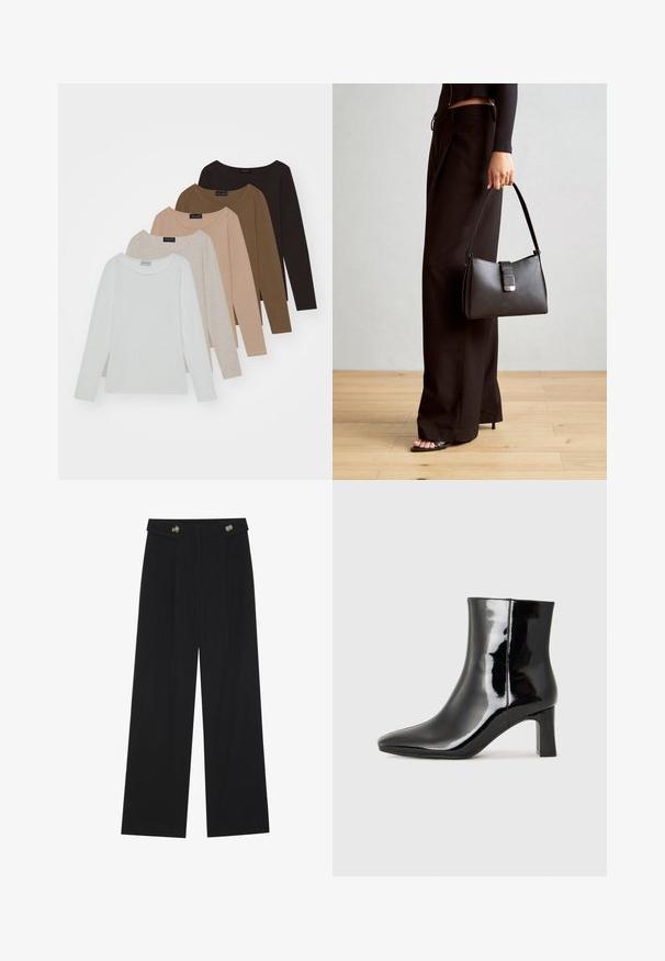 Five long-sleeve tops in varying shades: white, beige, light brown, dark brown, and black. Each has a round neckline and soft texture.; Black wide-leg trousers with high waist, button details on waistband, and front pleats.; Black patent leather ankle boot with a pointed toe and a mid-height block heel. Smooth texture and minimalist design.; Black handbag with structured shape, smooth texture, and a metallic clasp. Paired with wide black pants and open-toe sandals on wooden floor.