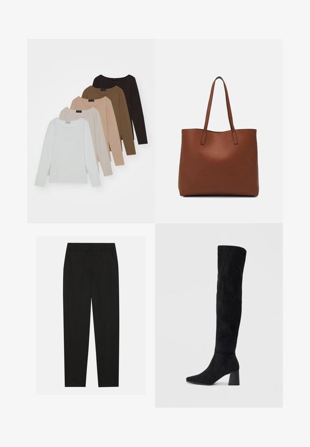 Fem lange ermer topper i forskjellige nyanser: hvit, beige, lys brun, mørk brun og svart. Hver har en rund halslinje og myk tekstur.; Sorte bukser med skreddersydd design, med sidelommer og rett ben. Laget av glatt, lett stoff med en elegant finish.; Sorte semskede knelang støvel med blokk-heelsk, spiss tå og glatt, sømløst design på en ensfarget lys bakgrunn.; Brun lær tote veske med en jevn tekstur, åpen toppdesign og to skulderstropper. Har minimal søm og ingen synlige spiker.