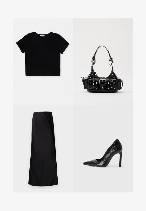 Must muströömiline must t-särk, mis on valmistatud pehmest puuvillast. Sellel on lühikesed varrukad, ümar kaelus ja puhas serv ilma kaunistusteta.; Norma Kamali BIAS OBIE SKIRT - Maksiseelik - black; Mustan teravaotsaga kõrge kontsaga king, millel on krokodillimustriga tekstuur, stiilne disain, kõrge stilettokonts ja sile must sisesisustus.; Must värvi nahast käekott, millel on kaarjas disain, hõbedased nupukesed, kinnitusahe ja kaks külgtaskut. Reguleeritav rihm erinevate kandmisvõimaluste jaoks.