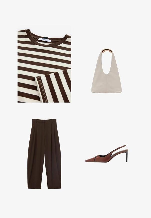 Bruine en crèmekleurige gestreepte t-shirt met een ronde hals, gemaakt van katoen, subtiele stikdetails en een label met de naam "next" bij de halslijn.; Bruine high-waisted broek met plooien, gemaakt van soepel materiaal. Loose fit, rechte pijpen, met riemlussen en een ritsluiting.; Bruine leren slingback hakken met een spitse neus, uitsnijding bij de bovenkant en een elegante stilettohak. Glad oppervlak.; Lichtgrijze leren tas met een U-vormig ontwerp en een gebogen metalen handvat. Glad oppervlak met minimale stiksels en geen zichtbare patronen.