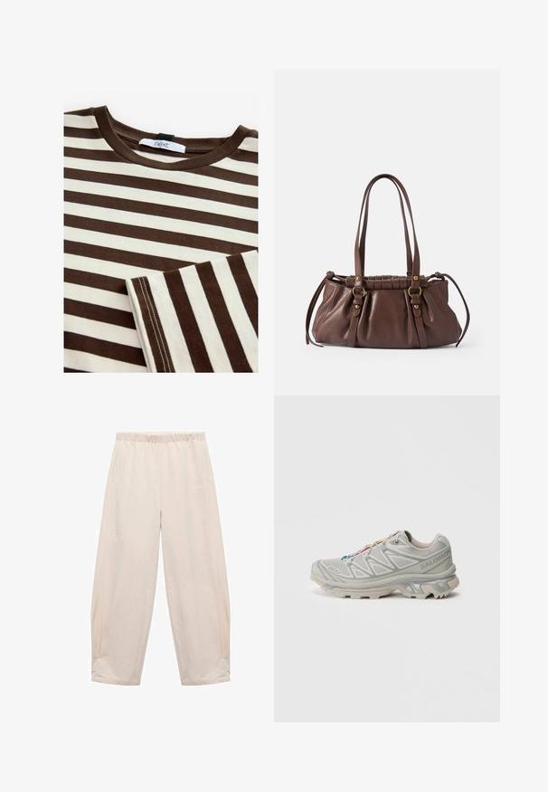 Gestreiftes T-Shirt in Braun und Creme mit Rundhals, aus Baumwollstoff, subtilen Nähdetails und einem Etikett mit der Aufschrift "next" am Halsausschnitt.; Hosen mit elastischem Bund in Hellbeige. Aus weichem Stoff gefertigt, mit Seitentaschen und einem entspannten, lockeren Schnitt. An den Knöcheln schmal zulaufend.; Hellgrauer Sportschuh mit einer strukturierten Mesh-Oberfläche, reflektierenden Akzenten, ausgeprägter Profilsohle und bunten Schnürsenkeln. Verfügt über ein unterstützendes Design.; Braune Lederhandtasche mit zwei langen Griffen, gerafftem Design, goldfarbene Hardware-Details und einer strukturierten Oberfläche.