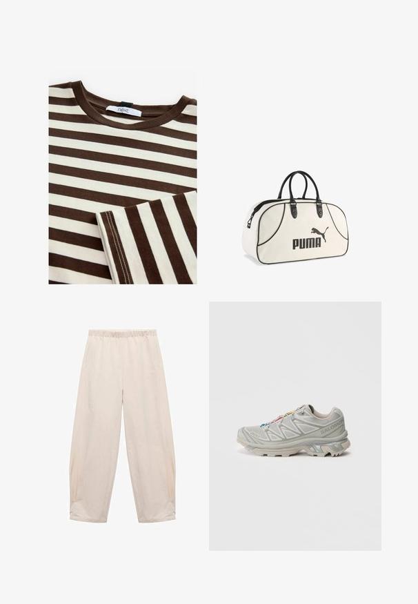 Gestreiftes T-Shirt in Braun und Creme mit Rundhals, aus Baumwollstoff, subtilen Nähdetails und einem Etikett mit der Aufschrift "next" am Halsausschnitt.; Hosen mit elastischem Bund in Hellbeige. Aus weichem Stoff gefertigt, mit Seitentaschen und einem entspannten, lockeren Schnitt. An den Knöcheln schmal zulaufend.; Hellgrauer Sportschuh mit einer strukturierten Mesh-Oberfläche, reflektierenden Akzenten, ausgeprägter Profilsohle und bunten Schnürsenkeln. Verfügt über ein unterstützendes Design.; Weiße Puma-Sporttasche mit schwarzen Griffen, schwarzer Kante und schwarzem Puma-Logo auf der Vorderseite, gezeigt auf einem weißen Hintergrund.