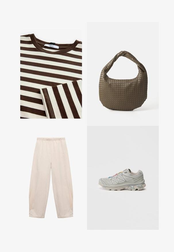 Ruskea ja kerma raidallinen t-paita, jossa on pyöreä kaula-aukko, puuvillakangasta, hienovaraisia ompeludetaileja ja kaula-aukossa "next"-merkkilappu.; Venyjtedjabadgatóbén bézs színben. Puha anyagból készült, oldalsó zsebekkel és laza, szellős fazonnal. A boka felé szűkül.; Vaaleanharmaat urheilukengät, joissa on teksturoitu verkkomateriaali päällä, heijastavat yksityiskohdat, erityinen pohjakuvio ja värikkäät nauhat. Ominaisuudet tukevat suunnittelua.; Kudottu oliivinvihreä käsilaukku, jossa on pyöreä muoto ja kiertyvä kahva. Teksturoitu pinta sisältää diagonaalisen kuvion. Vetoketjukiinnitys.