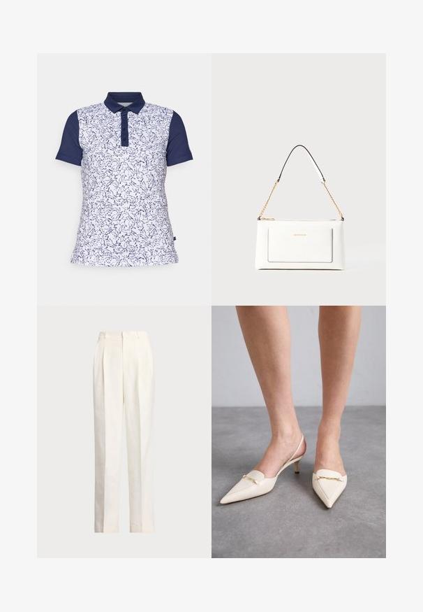 Koszulka polo z krótkim rękawem w kolorze białym z granatowym abstrakcyjnym wzorem, z granatowym kołnierzykiem i zapięciem na trzy guziki. Wykonana z oddychającego materiału.; Polo Ralph Lauren - Spodnie materiałowe; Kremowe, czółenka na słupku z szpiczastym noskiem i cienkim, średnim obcasem, z złotym łańcuszkiem na wierzchu i gładką skórzaną teksturą.; Biała skórzana torebka o teksturowanym wykończeniu, z złotą łańcuszkową rączką i czarnymi akcentami. Zawiera przednią kieszeń oraz zamek błyskawiczny.