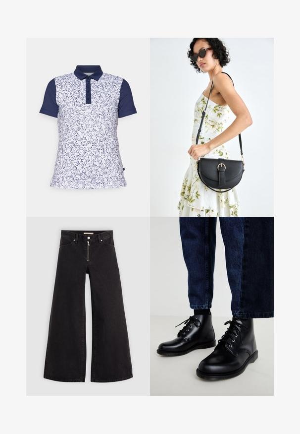 Kortermet polo skjorte i hvit med et marineblått abstrakt mønster, med marineblå krage og tre knapper. Laget av pustende stoff.; Vide benbukser i sort denim med glidelås i front, fem-lomme design og subtile sømdetaljer. Glatt tekstur og avslappet stil.; Svarte lærankle støvler med runde tær, snøring og metallhull. Brukt sammen med mørkeblå denimbukser med rett snitt.; Svart lærveske med en buet form, avtagbar stropp og gullbeslag. Vesken har et klaff med spenne-detall.
