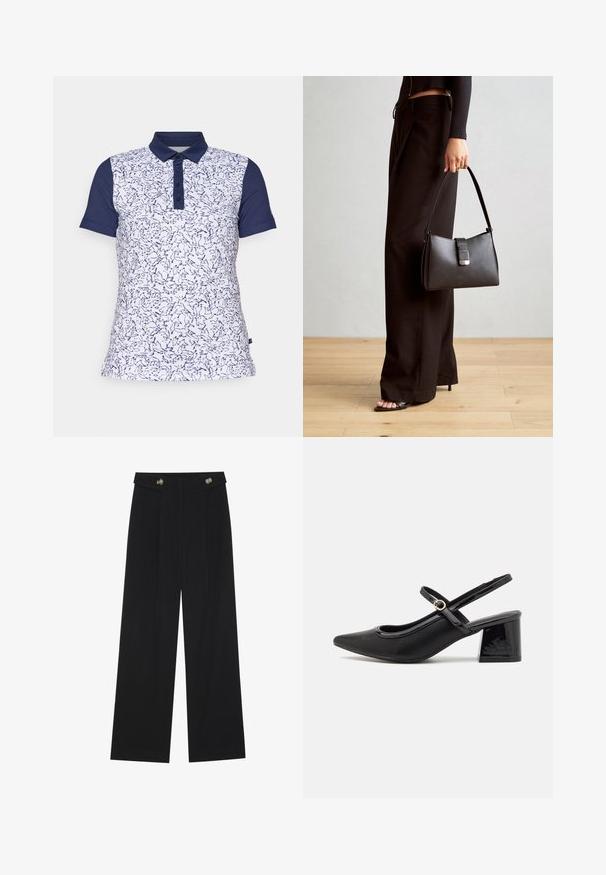 Īsā piedurkņu polo krekls baltā krāsā ar jūras zilā abstrakta raksta akcentiem, aprīkots ar jūras zilā krāsā apkakli un trīs pogām. Izgatavots no elpojoša auduma.; Melnas platās bikses ar augstu jostasvietu, pogu detaļām uz jostas un priekšējām krokām.; Melns patentēts ādas sandales ar norādīta pirksta formu, noapaļotu izgriezuma dizainu un bloķētu papēdi. Iezīmēta ar zelta toņa sprādzi.; Melnā somiņa ar strukturētu formu, gludu tekstūru un metālu sprādzi. Saskaņota ar platām melnām biksēm un sandālēm ar atvērtu purngalu uz koka grīdas.