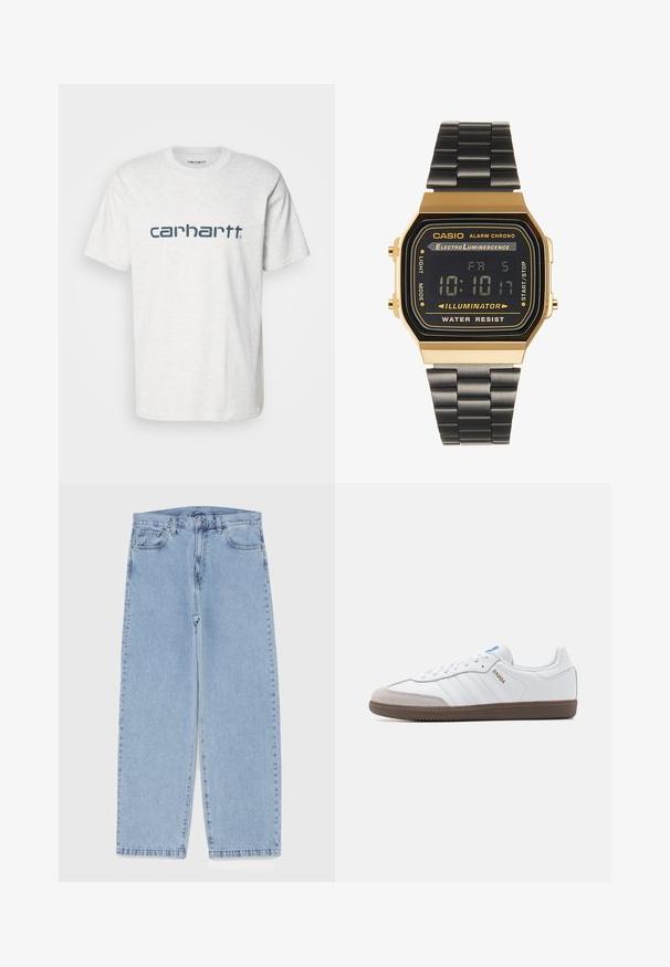 Carhartt WIP SCRIPT - Nyomott mintás póló - ash heather/duck blue; Világoskék farmernadrág egyenes szárú kivitelben, közepes derékkal, öt zsebbel, gombos és cipzáros záródással.; Fehér bőr sportcipő szürke velúr orral, három vízszintes fehér csíkkal, kék akcentussal és barna gumitalppal. A talpon textúrázott részlet található.; Digitális karóra arany színű, téglalap alakú tokkal, fekete LCD kijelzővel és fekete fémből készült szíjjal. Jellemzői közé tartozik az ébresztő és a vízállóság.