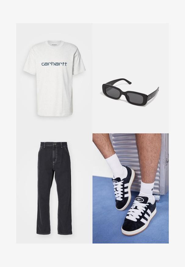 Carhartt WIP SCRIPT - Tricou cu imprimeu - ash heather/duck blue; Jeans negri din denim cu croi drept, având un fermoar la brâu, cinci buzunare și cusături în contrast de-a lungul cusăturilor.; Adidași negri din suede cu șireturi albe și trei dungi albe. Au un logo circular negru pe limbă și o talpă din cauciuc de tip gumă.; Ochelari de soare dreptunghiulari negri, cu lentile închise la culoare, rame din plastic neted și brațe late. Branding subtil pe lateral.