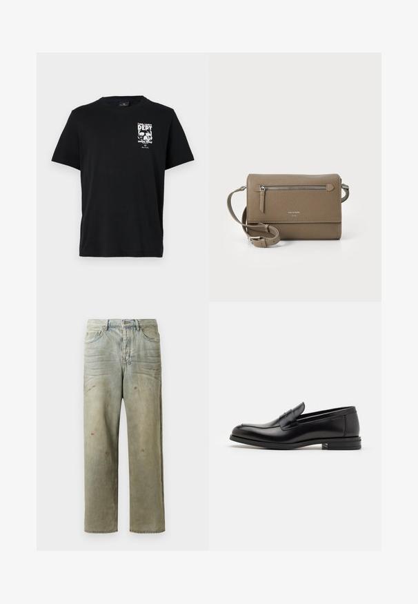 Musta puuvillainen T-paita lyhyillä hihoilla, jossa vasemmassa rinnassa on valkoinen graafinen painatus, jossa on teksti ja pääkalloja. Klassinen pyöreä kaula-aukko.; Vaaleanvihreät kulutetut farkut suoran lahkeen, viiden taskun muotoilun ja epätasaisen haalistumisen sekä maalikohoumiin kanssa.; Mustat nahkakengät, joissa on sileä pinta, pyöreä kärki ja koristeellinen nauha jalkapöydän yli. Matala pinoitu koroke, minimalistinen muotoilu.; Harmaa nahkainen olkalaukku, jossa on vetoketjulla varustettu etutasku, säädettävä hihna, kivi- tai rosoinen pinta ja kohokuvioitu logo edessä.