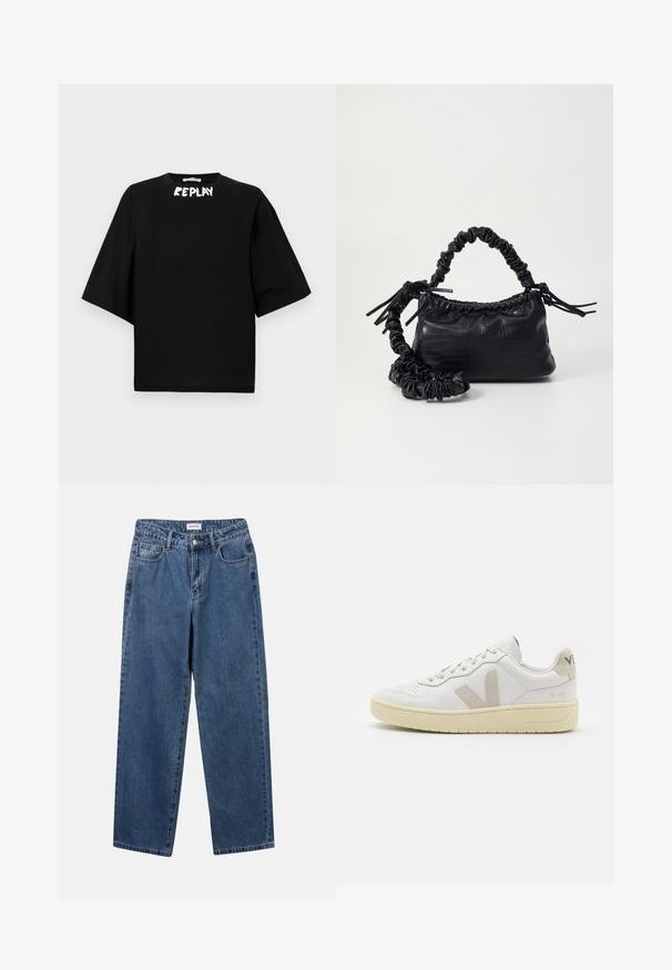 Melnas īsām piedurknēm kokvilnas t-krekls ar apaļu kakla izgriezumu un baltu "REPLAY" logo priekšpusē. Taisna griezuma dizains.; Klasiskie zili džinsi ar taisnu kāju dizainu, pieciem kabatām un pogu aizdari. Iezīmējas ar vidēju mazgāšanu un izturīgu tekstūru.; Baltas ādas sporta apavu pāris ar bēšiem zamša akcentiem, caurumiņu purngalā, plakanu šņorēšanu un teksturētu krēmkrāsas zoli. Iezīmējas ar diskrētu zīmolu uz papēža.; Melnā mākslīgās ādas rokassoma ar krokodila rakstu, savilkta augšdaļa un saburzīta siksna. Izskatās mīksta un kompakta pēc dizaina.